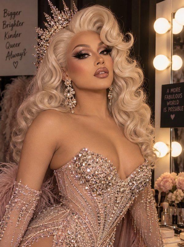 Original photo of a drag performer in a jeweled pink gown at a dressing-room mirror