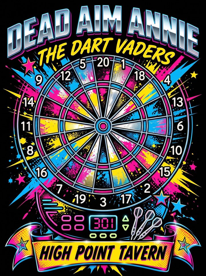 Shirt design with Dead Aim Annie and The Dart Vaders over a neon paint-splash electronic dartboard reading 301, with High Point Tavern on a yellow ribbon